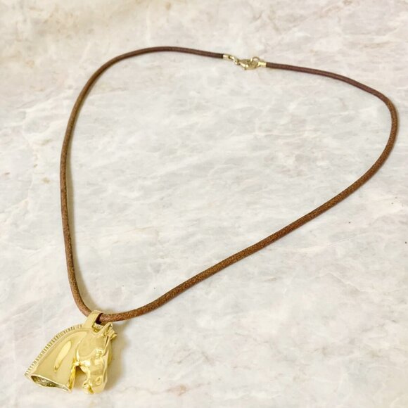 HERMES Cheval Horse Leather Necklace 24" Gold Tone Auth w/Box #96875 - Picture 3 of 4